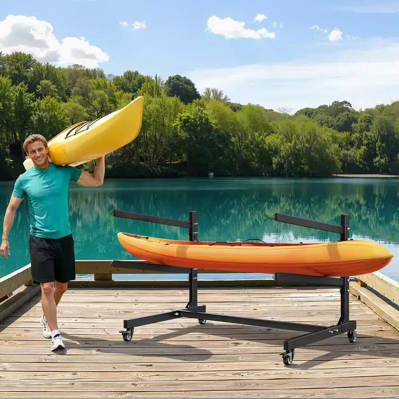 VEVOR Kayak Storage Rack for 2 Kayaks, Holds 175 lbs, Heavy Duty Adjustable Freestanding Stand with Lockable Wheels, Black