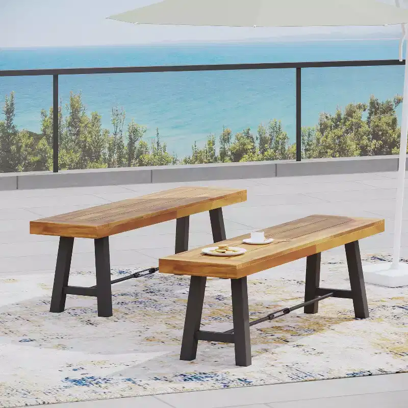 GDFStudio Rosario Outdoor Acacia Wood Dining Benches (Set of 2), Teak/Rustic Metal