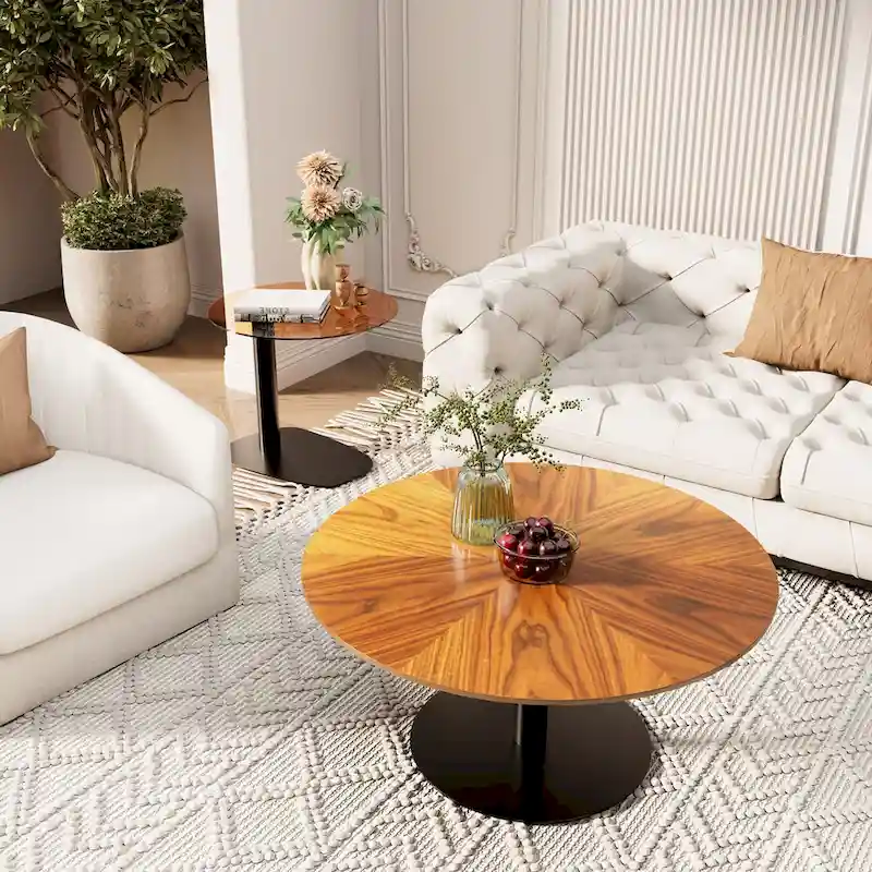Set of 2 Modern Stacking Round Coffee Table Side Table Set with Slate Glass Top