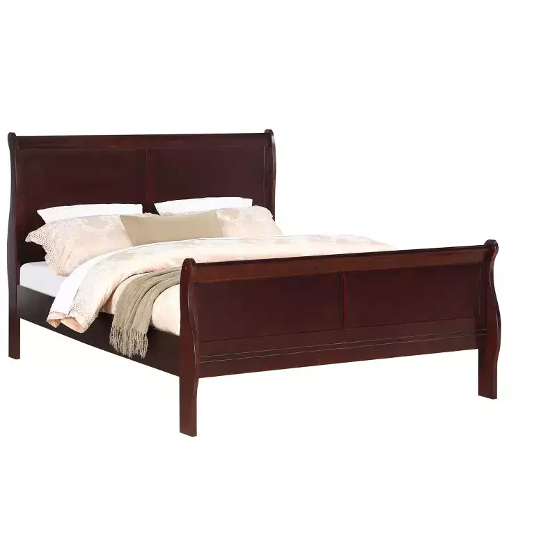 Okak 62 Queen Sleigh Bed Solid Wood Youth Bed Frame with Headboard/Footboard, Low Profile Safe Design for Kids Room, Cherry