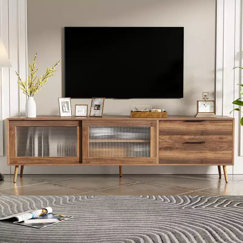 Modern TV Stand for TVs up to 80'', TV Media Console with 2 Glass Doors, Entertainment Center with 2 Drawers & Storage Cabinet, Walnut