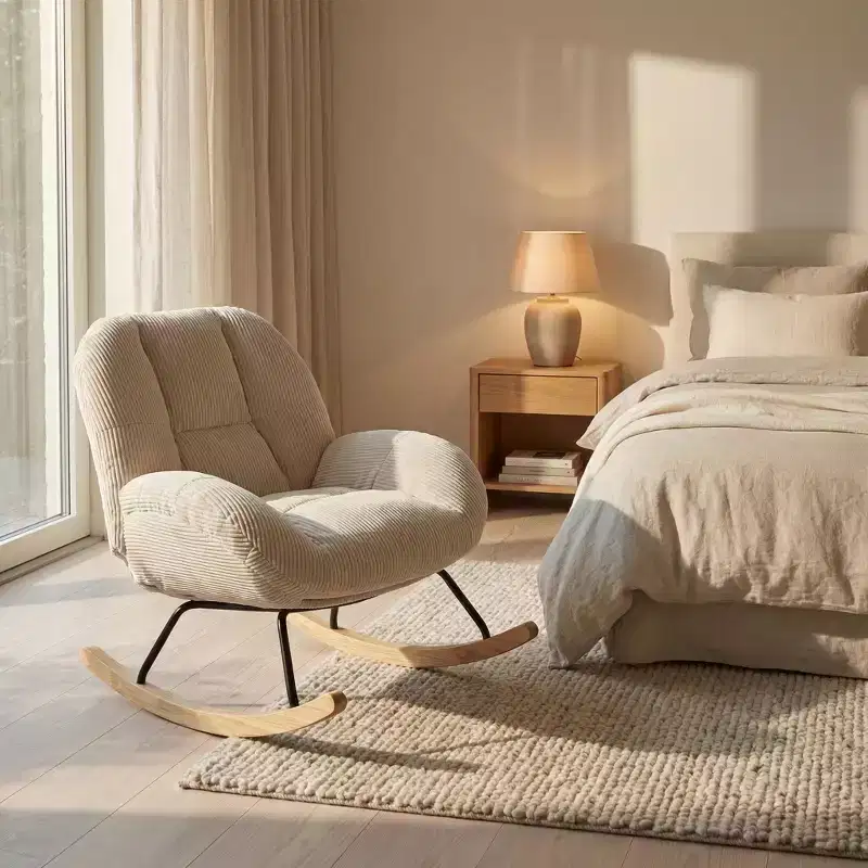 Homy Casa Corduroy Rocking Accent Chair, Fabric Upholstered Rocking Chair, Beige
