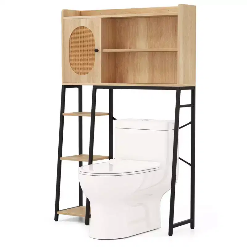 Over The Toilet Storage Cabinet Space-saving Toilet Organizer with PE Rattan Door