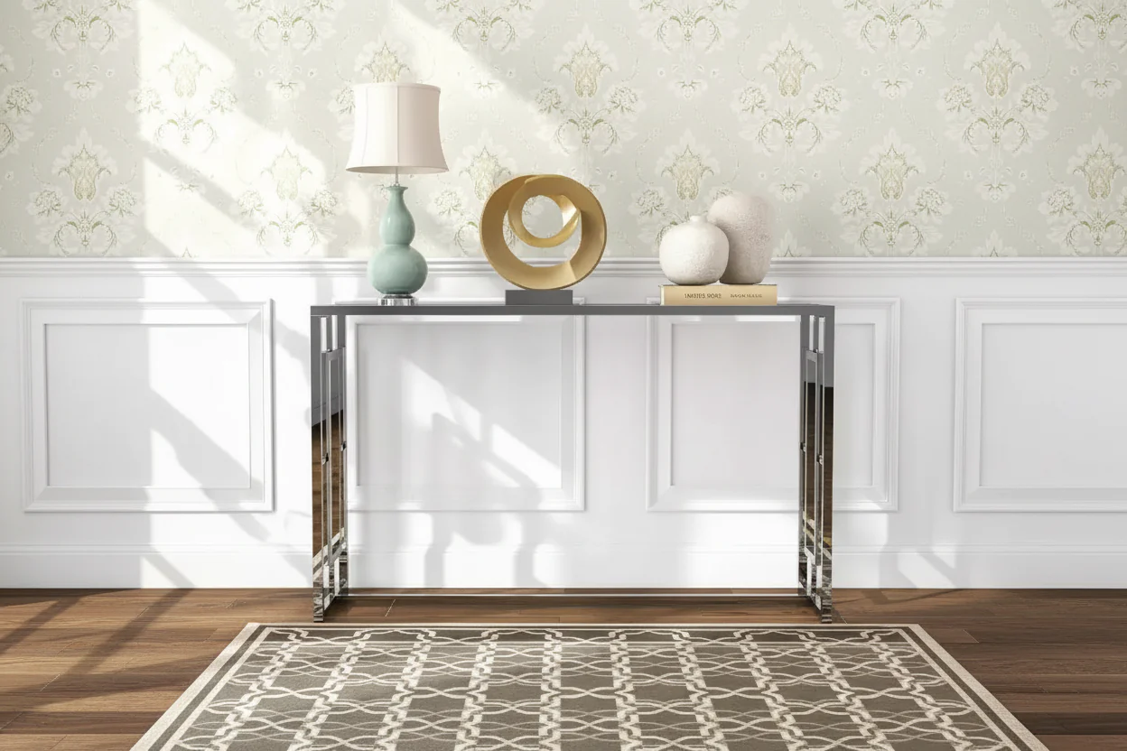 Glam Rectangle Console Sofa Table – Chrome Frame & Tempered Glass Top, 48