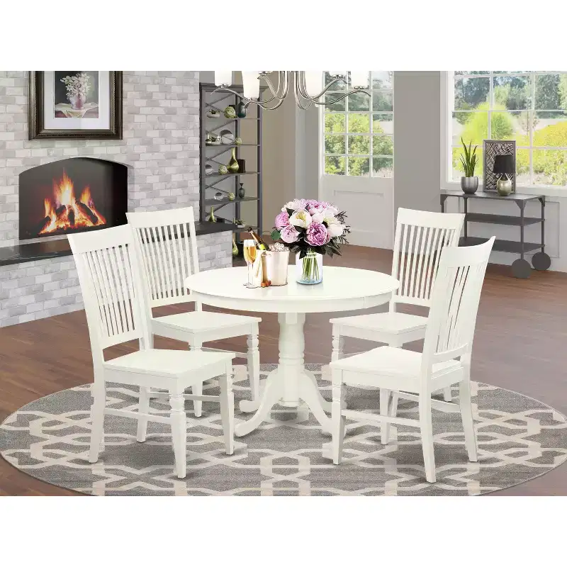 HomeStock 5-Piece Round Linen White Finish Solid Wood Top Dining table with 4 Chairs