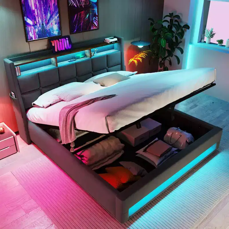 Queen Size Bed Frame with Hydraulic Storage,Upholstered Headboard,RGB LED Light and USB Charging