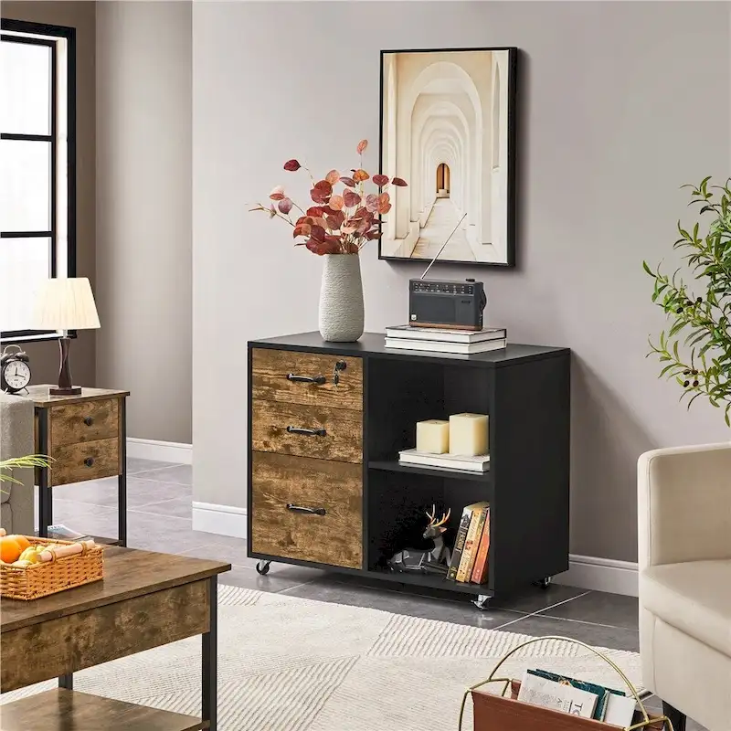 Rolling File Cabinet on with 3 Drawers and 2 Shelves