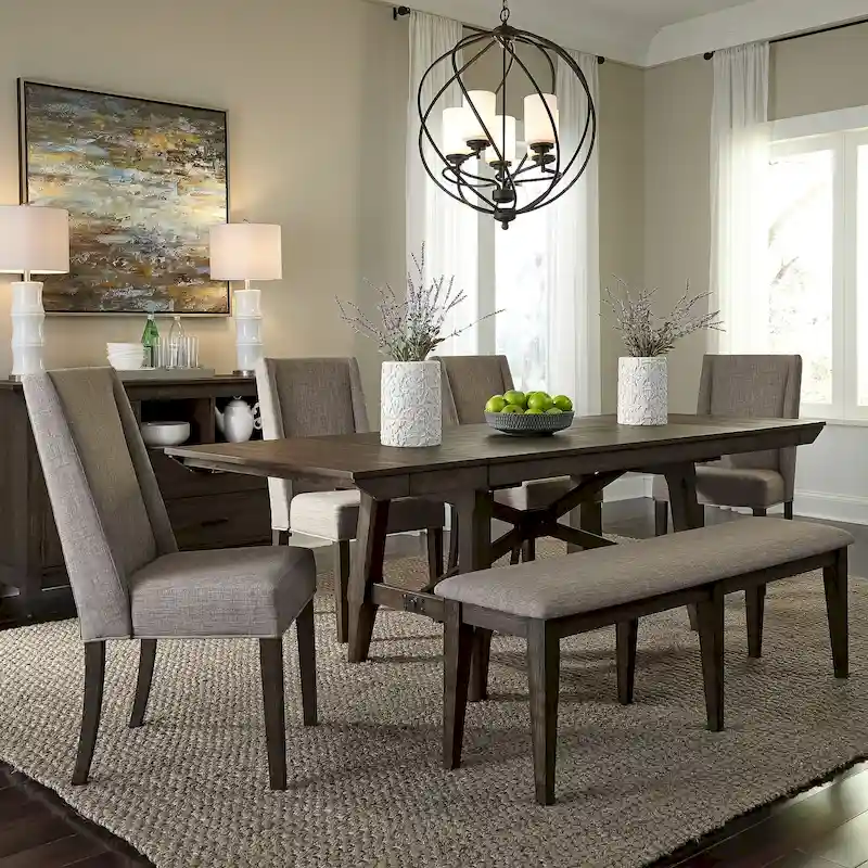 Double Bridge Dark Chestnut Optional 6 Piece Trestle Table Set