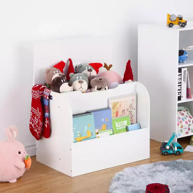 29.5 Modern Kids Toy Storage Organizer,Children Toy Box with Safety Hinge&Front Bookshelf,Boys Girls Toy Storage Chest Trunk -Easy Assembly(White)