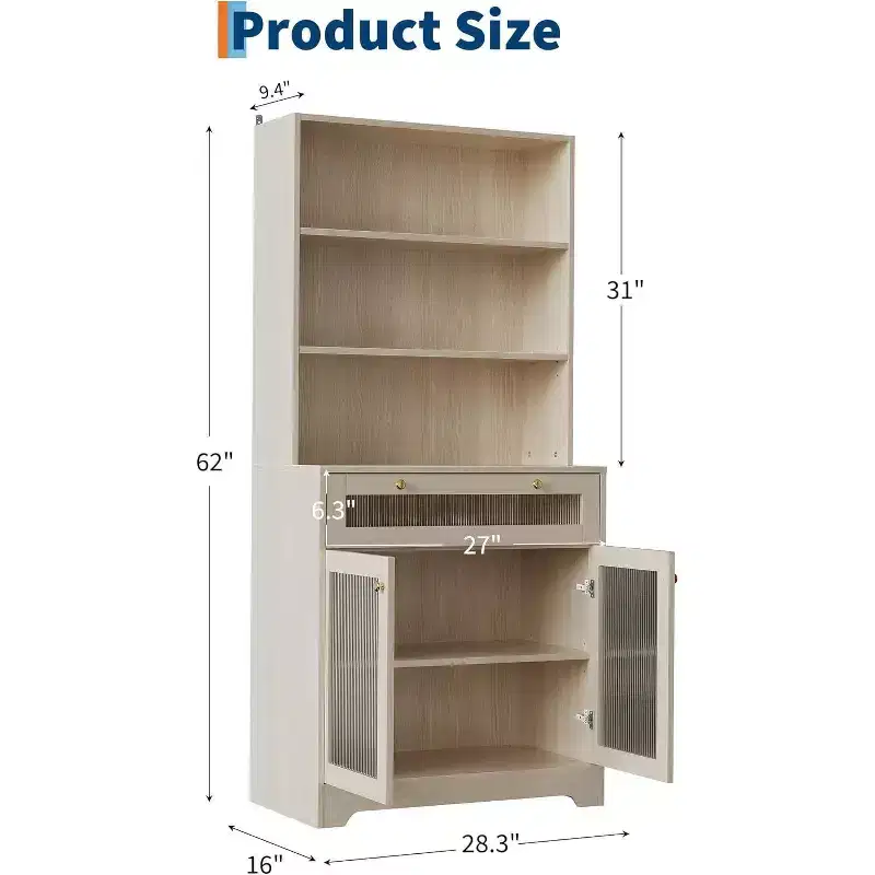62 Pantry Cabinet, 6-Tier Freestanding Tall Cupboard Storage Unit with 1 Drawer, 2 Cabinets, 3 Open Shelves, Glass Doors, for Home Office