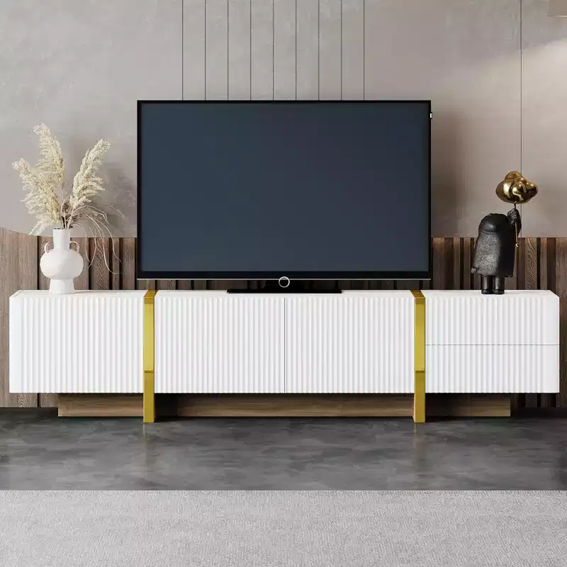 74Luxury Fluted TV Stand for 80 TVs, White Media Console w/ Storage Cabinets/Drawers & Golden Wood Grain Legs
