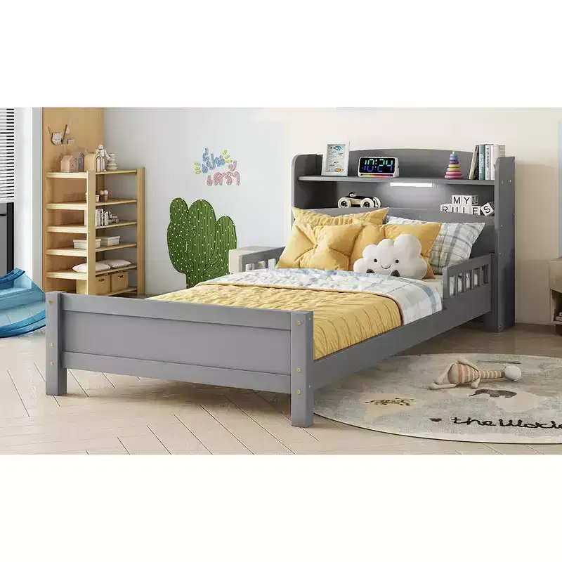 Twin Pine Wood Bed with Bookcase Headboard, Safety Guardrails, Gray, Under-Bed Storage