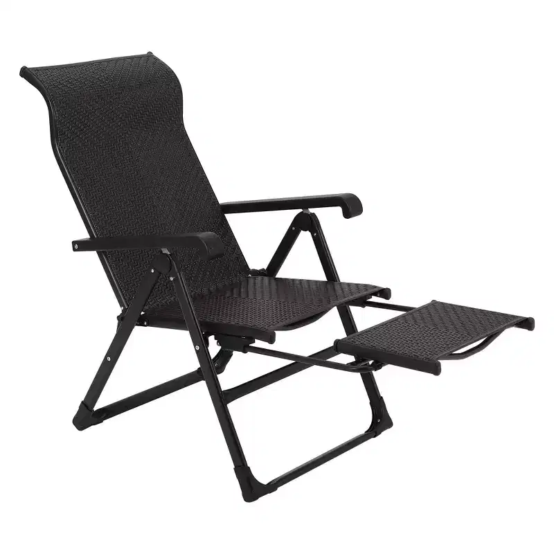 Outdoor Folding Rattan Lounge Chair, Patio Lounge Chair with Adjustable High Backrest & Reversible Out Footrest, Portable Recliners