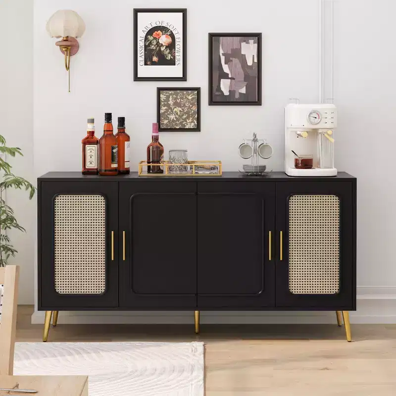 Rustic Rattan Decorative Sideboard Cabinet with 4-Door & Adjustable Shelves, Functional Buffet Cabinet for Kitchen Dining Room
