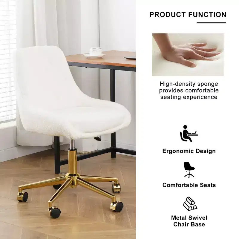 Modern Teddy Fleece Upholstered Adjustable Office Chair, Small Swivel Task Chair for Office, Study, Studio