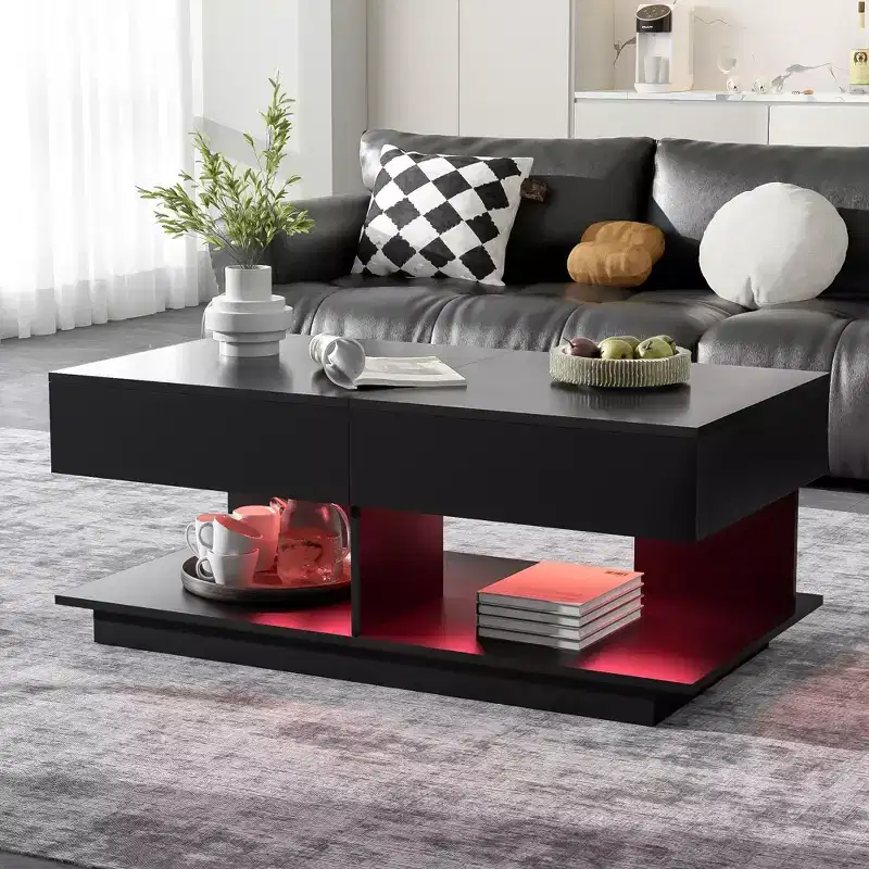 Extendable Coffee Table with Storage and LED Lights, Hidden Compartment, Open Shelf for Living Room