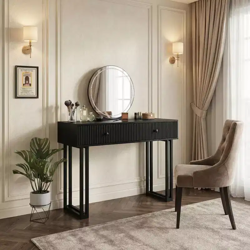 COZONY 40 Vanity Makeup Desk with HD Lighted Round Mirror, 3 Color LED Lights, 2 Drawers, Compact Dressing Table for Bedroom, Black