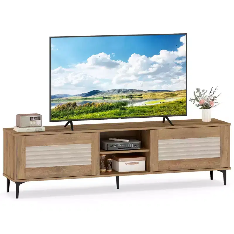 TV Stand w/2 Storage Cabinets & Open Shelves, Cable Hole for TVs up to 70''