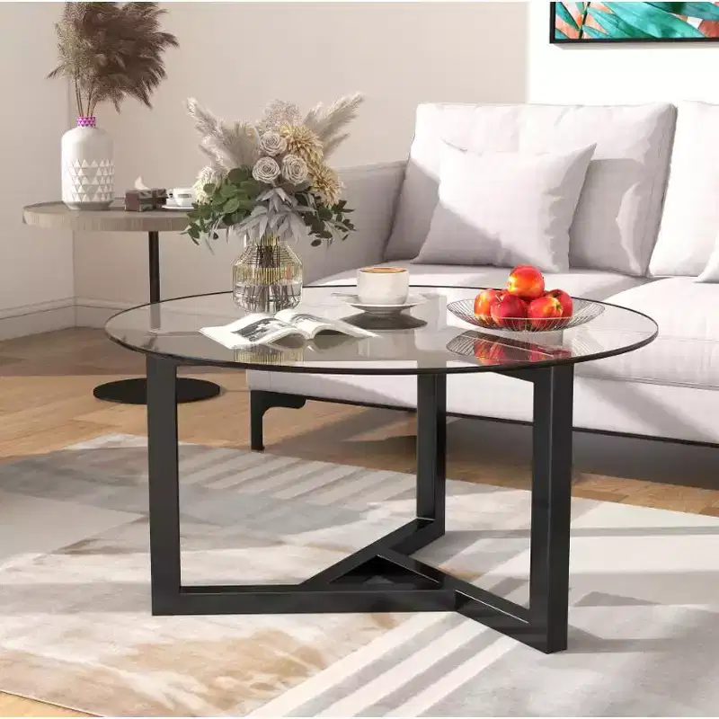 Modern Round Glass Coffee Table - Easy Assembly Cocktail Table with Tempered Glass Top