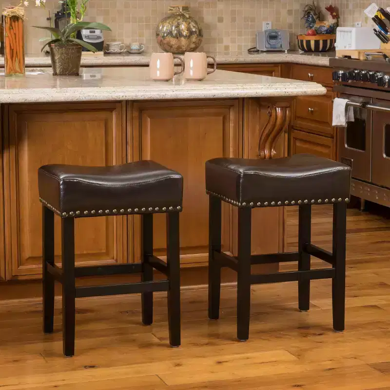 Set of 2 Lissette Counter Height Barstools Brown - Christopher Knight Home: Bonded Leather, Bronze Studs, Rubberwood Frame