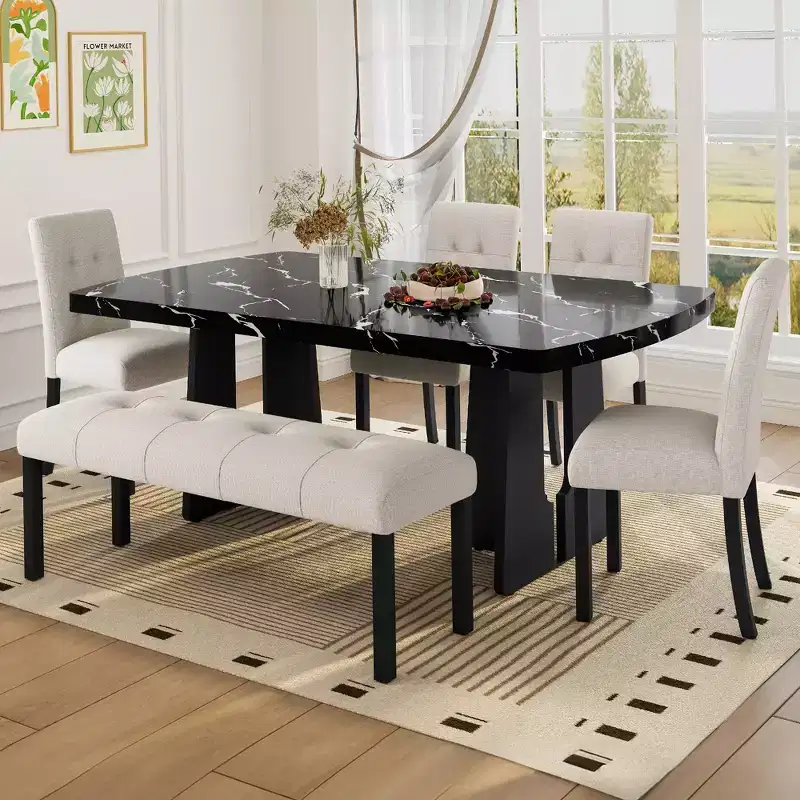 Faux Marble Dining Table Set for 6, 6 Pieces Rectangle Dining Table with 4 Upholstered Chairs & 1 Bench for Dining Room