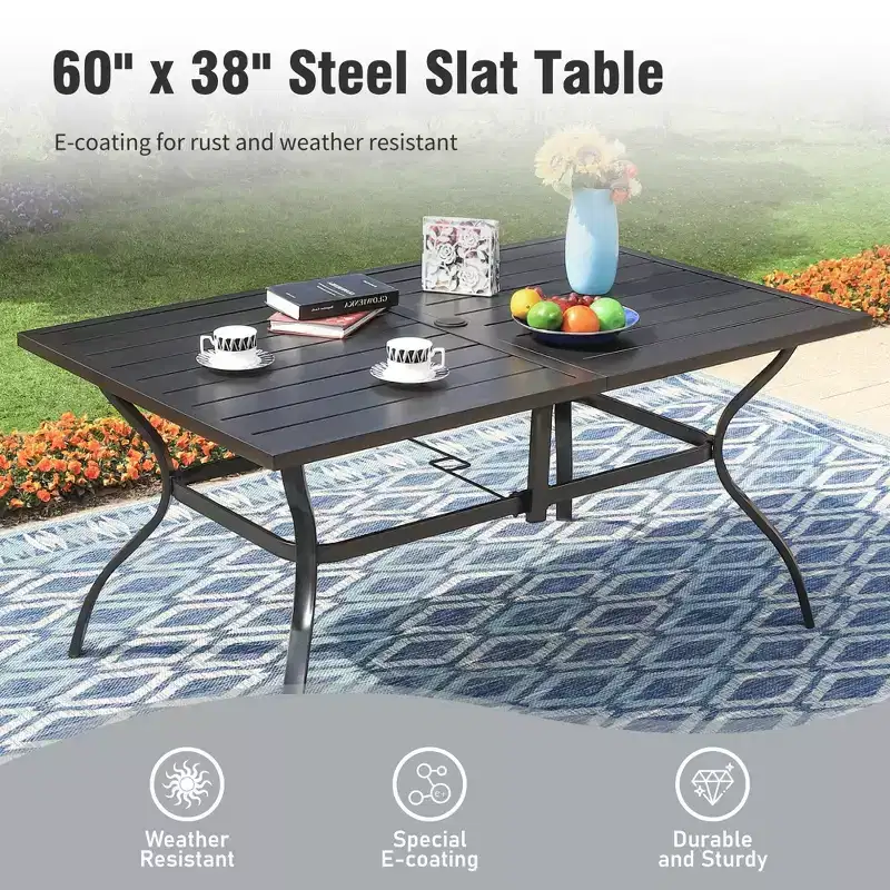 Captiva Designs 8pc Patio Dining Set with Rectangular Steel Table & Black Steel Chairs & Beige Umbrella