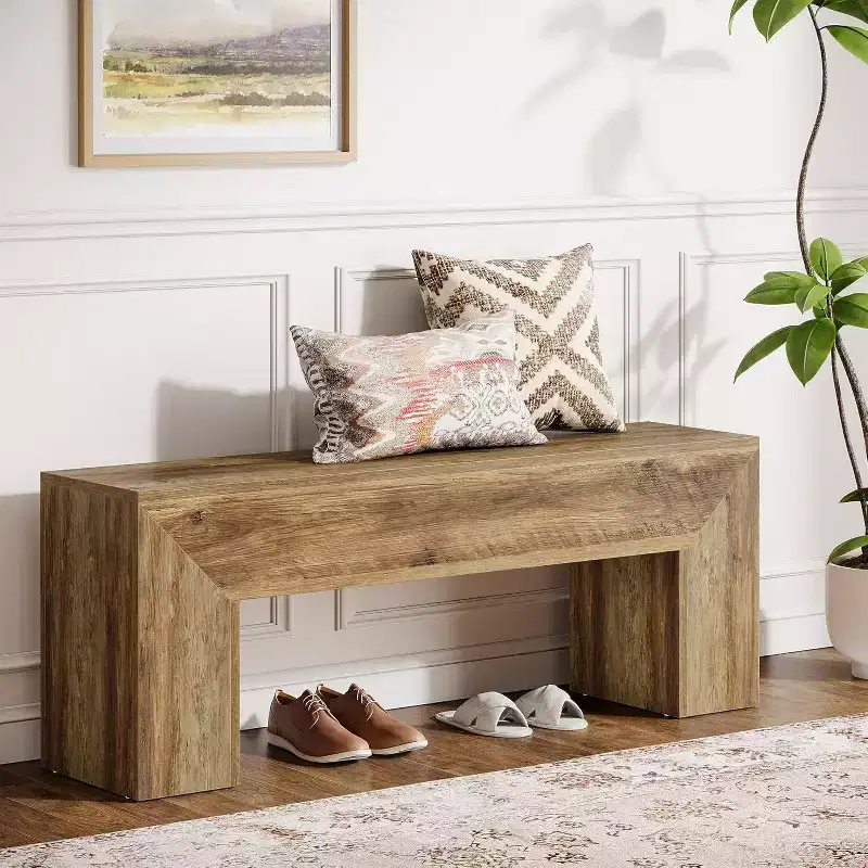 Lantine47'' Wooden Entryway Bench, Farmhouse Entry Bench Seat with Storage Capability for Living Room, Bedroom, Hallway, Easy Assembly, Oak Brown