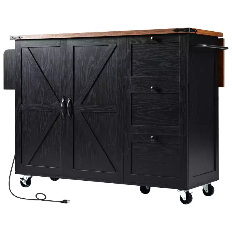 Bellemave 54.5 Farmhouse Kitchen Island with Power Outlet, with Internal Storage Rack, for Home, Kitchen and Dining Room,Black