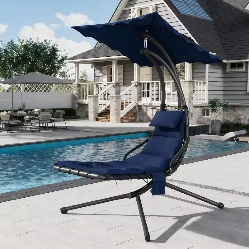 Chaise Lounger Swing Chair with Umbrella Canopy,Patio Hanging Chair with Stand,Curved Steel Lounge Chairs for Indoor Patio Pool Garden Backyard Porch