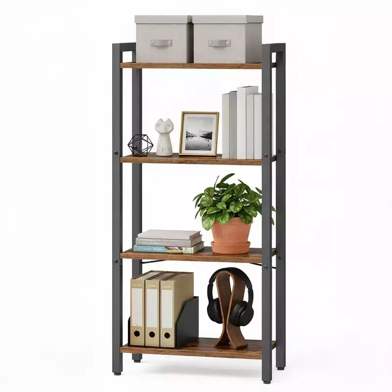 4-Tier Tall Bookshelf, Narrow Bookcase, Skinny Book Shelf for Living Room, Home Office, Study, 9.4 x 15.7 x 42.1 Inches, Rustic Brown and Black
