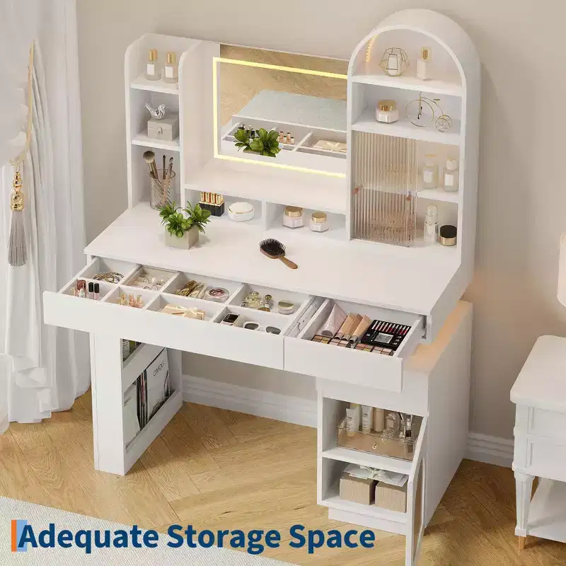 Arched Vanity Desk with Mirror and Lights, White Makeup Vanity Table with 3 Drawers and 11 Storage Shelves, Large Dressing Table with Vanity Stool