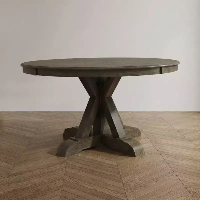 Round Rustic Brown Dining Table, Seats 4, Pedestal Base