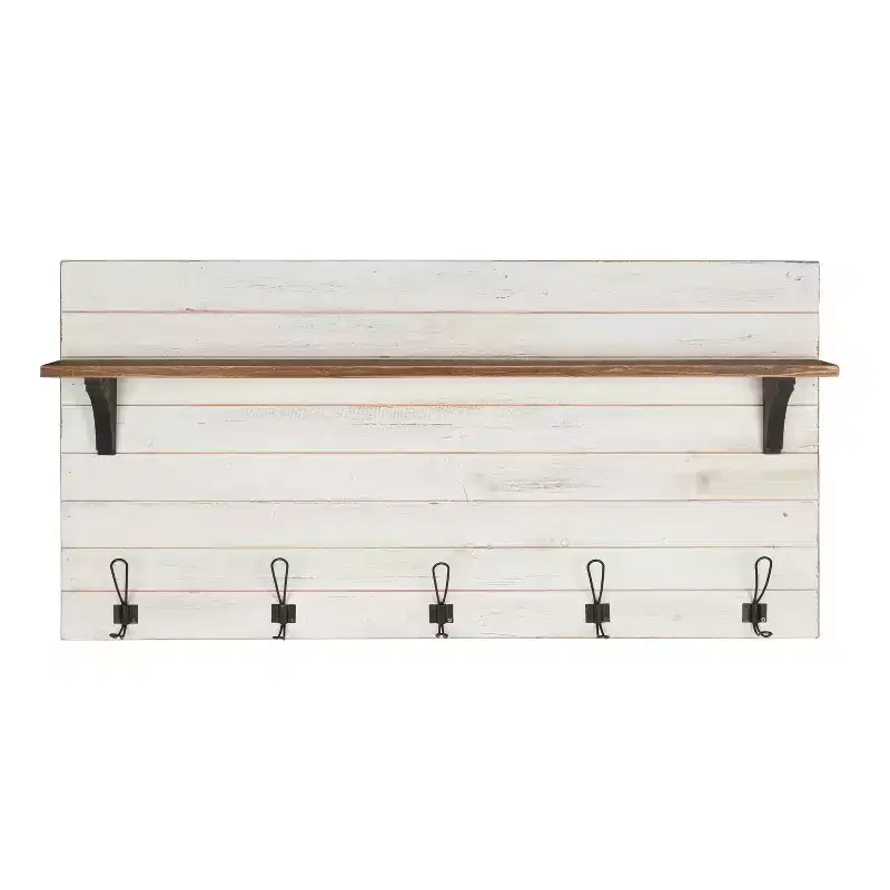 46.1" x 26" Wall Shelf with 5 Hooks White/Brown - Uniek: Kate & Laurel All Things Decor, No Assembly, Wood & Metal