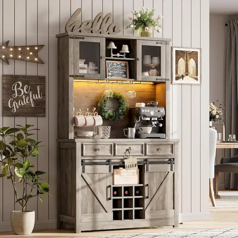 Modern Farmhouse Coffee Bar Cabinet with LED Lights & Power Outlets, Kitchen Cabinet