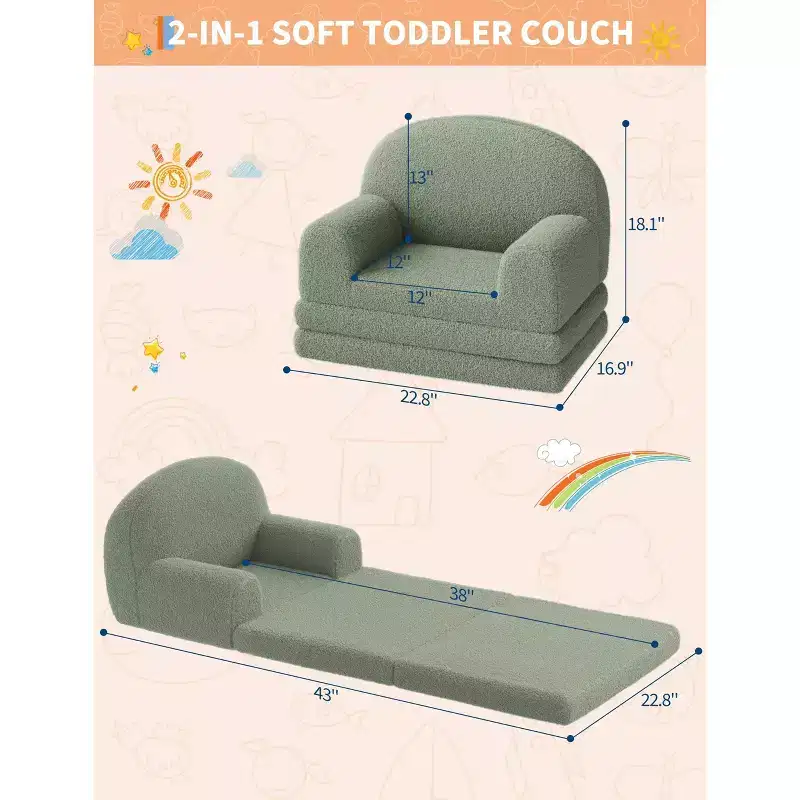 Kids Sofa Chair, 2-in-1 Convertible Toddler Sofa Lounge Chair, Comfortable Folding Teddy Flannel Children's Sofa Bed, for Playroom, Bedroom, Nursery