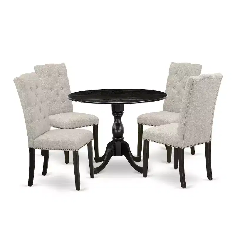 HomeStock 5-Piece Wire Brushed Black Finish Solid Wood Top Dining table with 4 Chairs with Drop Leaf Lattice Back