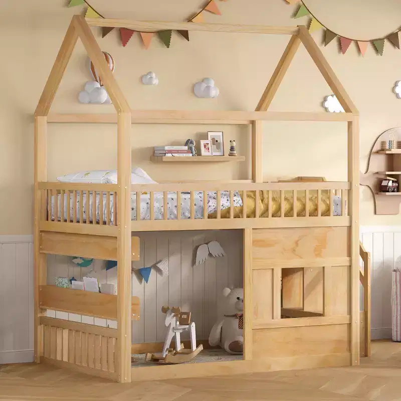 Full Size House Loft Bed with LED Light, Wooden Loft Bed with Shelves, Stairway Loft Bed with Guardrail & Ladder for Girls and Boys
