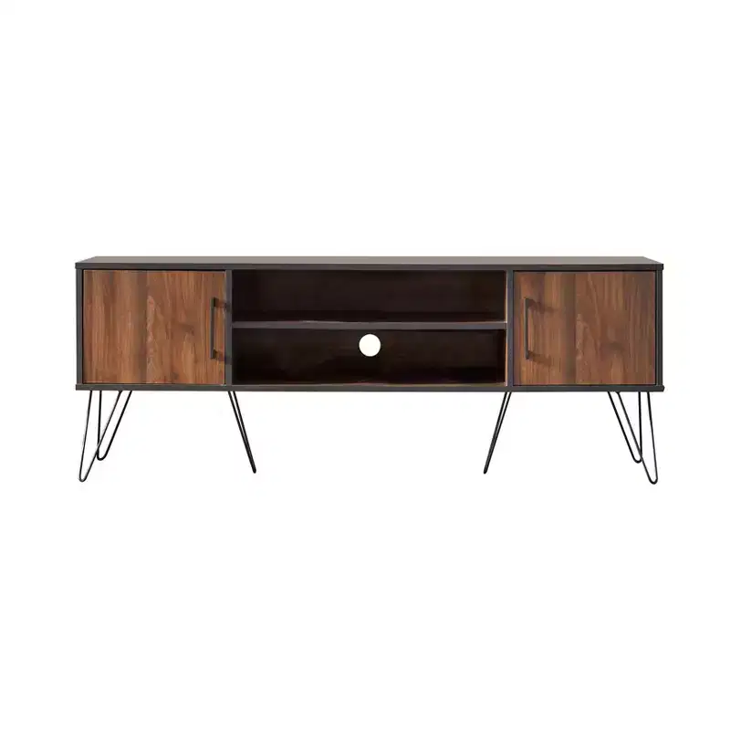 Buylateral Vintage Living 2 Door TV Stand for TVs up to 55" Black/Walnut: Mid-Century Modern, Cable Management