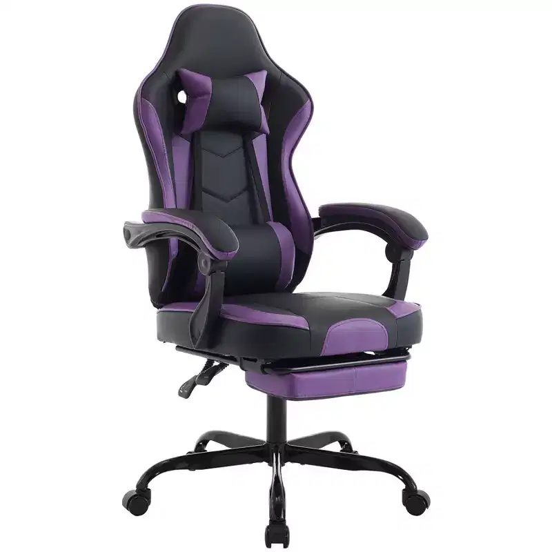 LauKingdom Gaming Chair with Footrest, Ergonomic Computer Chair, Height Adjustable Swivel, Massage Lumbar Support, Video Game Chair, Black & Purple