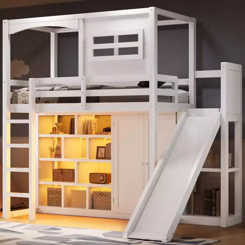 Twin Size Wood Loft Bed with Wardrobe, Storage Shelves, Slide & 7-Color LED Lights, Sturdy Pine/MDF Frame, White - ModernLuxe