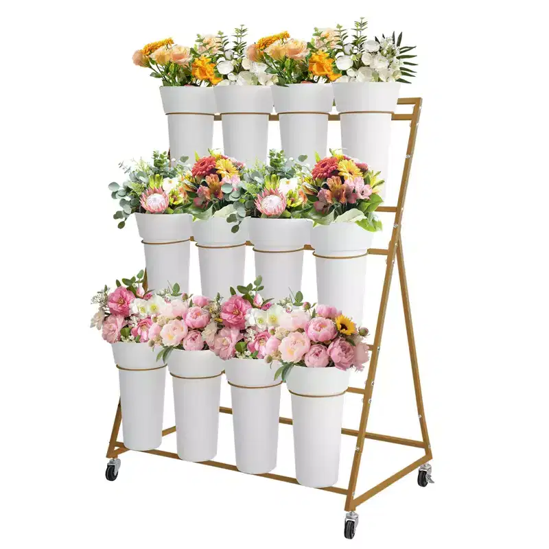 Coolmee Flower Display Stand,3 Tier Flower Cart with 12 Round Buckets and Wheels, Moving Flower Cart Display Stand for Garden, Wedding, Flower Shop