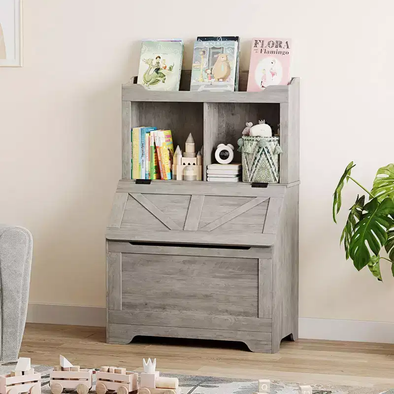 Wooden Kids Bookcase with Flip-Top Toy Storage