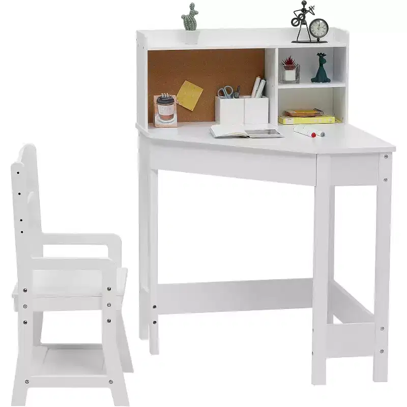 Kids Desk and Chair Set, Wooden Corner Study Table with Bookshelf, Bulletin Board, and Pen Holder, Writing Table for Boys and Girls