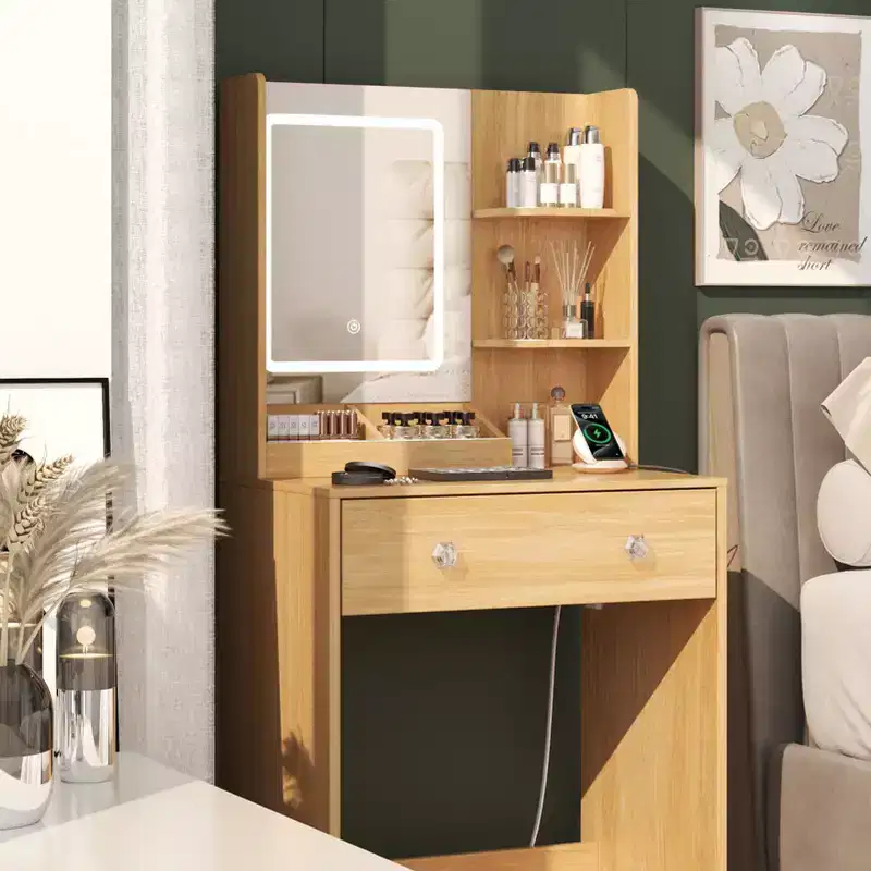 24 Modern Wood Vanity Desk with Lighted Mirror and Charging Station Small Makeup Dressing Table with 2 Drawers and 3 Storage Shelves for Bedroom