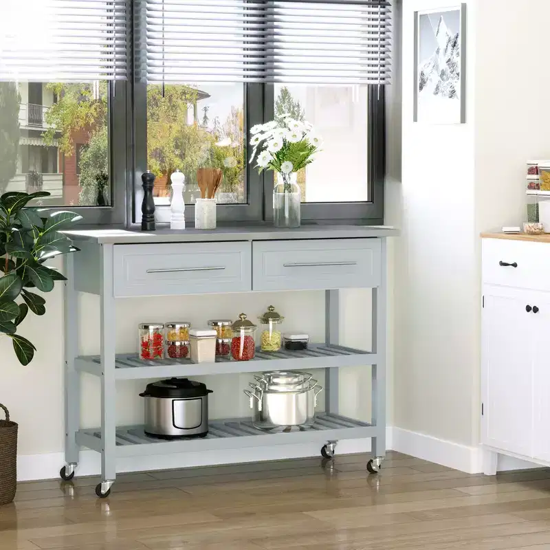 Kitchen Island with Stainless Steel Top, Traditional Kitchen Island with Storage, 2-Tier Open Shelves, Drawers