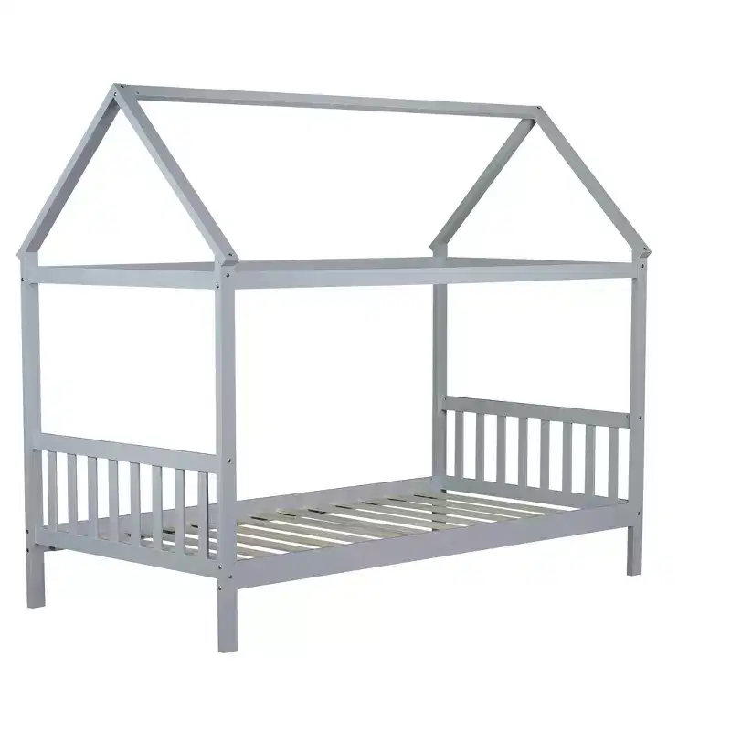 MAYEERTY Twin Rubber Wood Bed with House Frame Gray