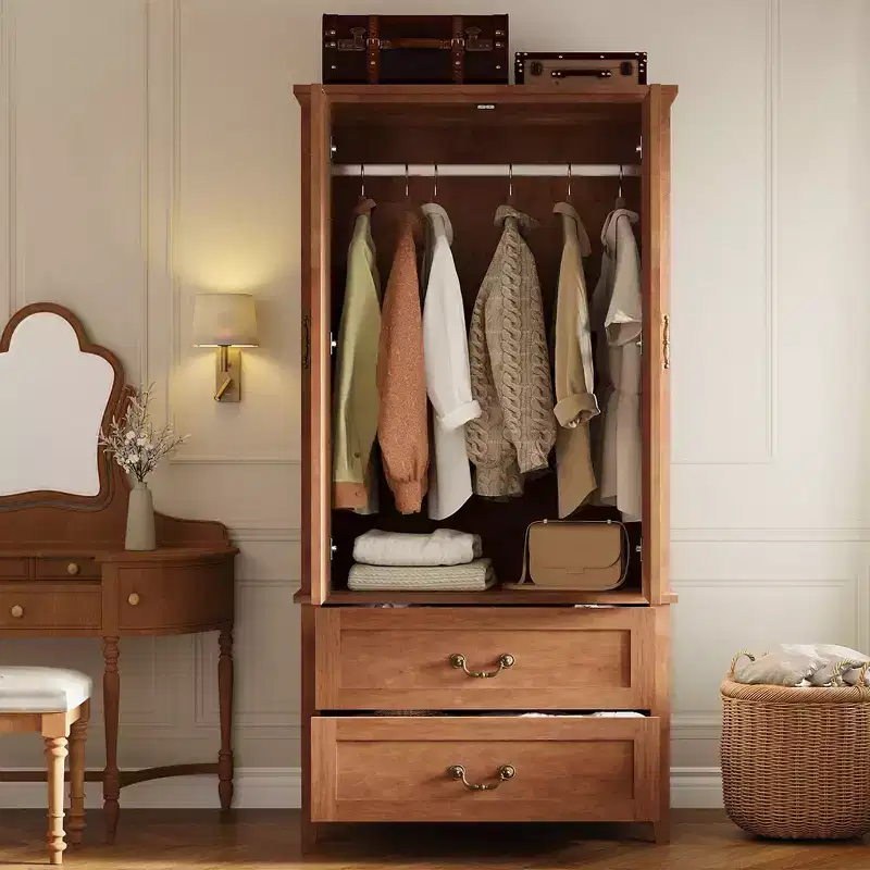 Wood Freestanding Armoire Wardrobe 71''H with 2 Doors & Hanging Rod