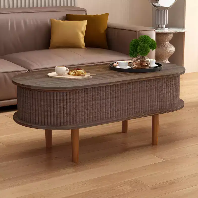 JVNOXK Fluted Lift Top Coffee Table with Hidden Compartment, Wooden Center Table, Modern Oval Lift Tabletop for Home Living Room Office, Walnut Color