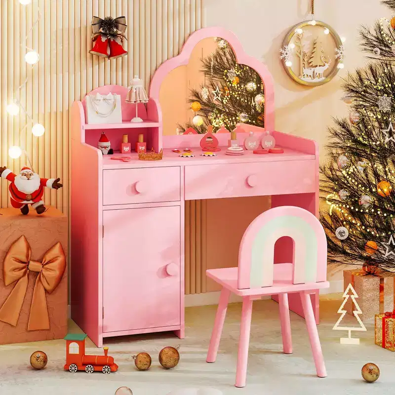 Costway Kids Vanity Table and Chair Set with Cloud-shaped Mirror Open Shelf Storage Drawers White/Pink/Purple