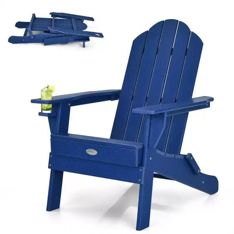 Costway Folding Patio Adirondack Chair Weather Resistant Cup Holder Yard Navy